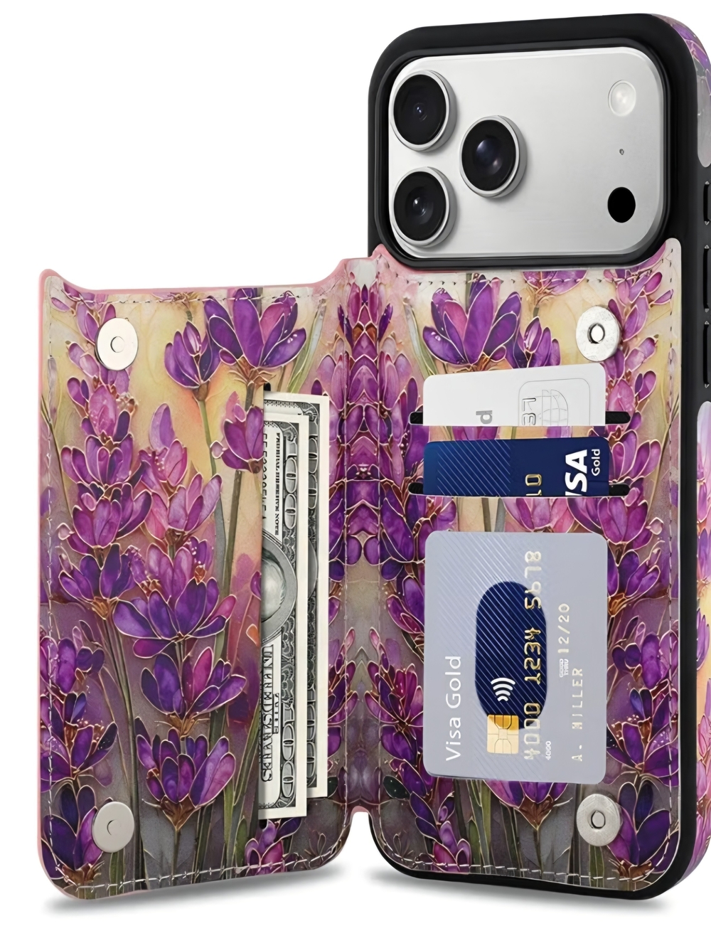 Floral Purple Wallet Phone Case with Card Slots